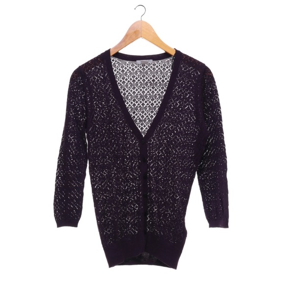 NWOT plum cotton blend eggplant purple lace crochet v neck cardigan 3/4 sleeve - Picture 3 of 5